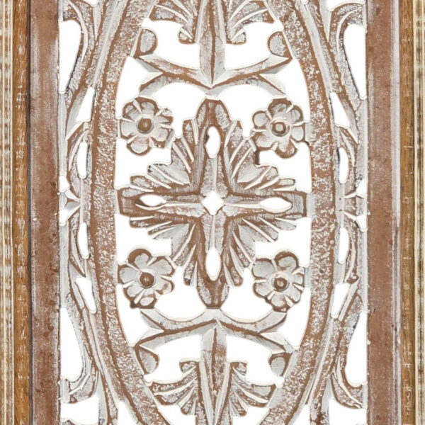 Rectangular Mango Wood Wall Panel Hand Crafted With Intricate Carving, White and Brown