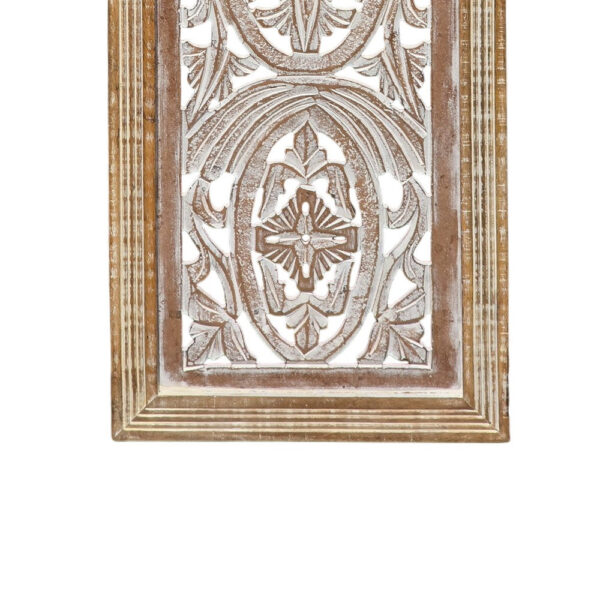 Rectangular Mango Wood Wall Panel Hand Crafted With Intricate Carving, White and Brown