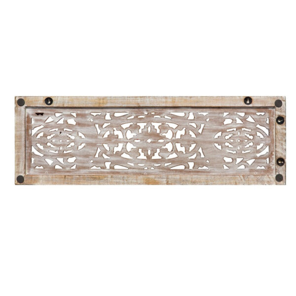 Rectangular Mango Wood Wall Panel Hand Crafted With Intricate Carving, White and Brown