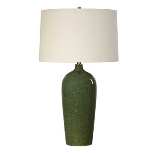 Table Lamp, Beige Linen Shade, Distressed Emerald Green Ceramic 28 Inch