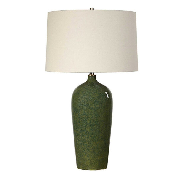 Table Lamp, Beige Linen Shade, Distressed Emerald Green Ceramic 28 Inch