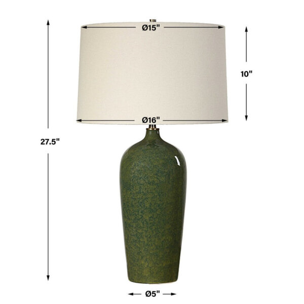 Table Lamp, Beige Linen Shade, Distressed Emerald Green Ceramic 28 Inch