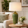 Table Lamp, Beige Linen Shade, Distressed Emerald Green Ceramic 28 Inch