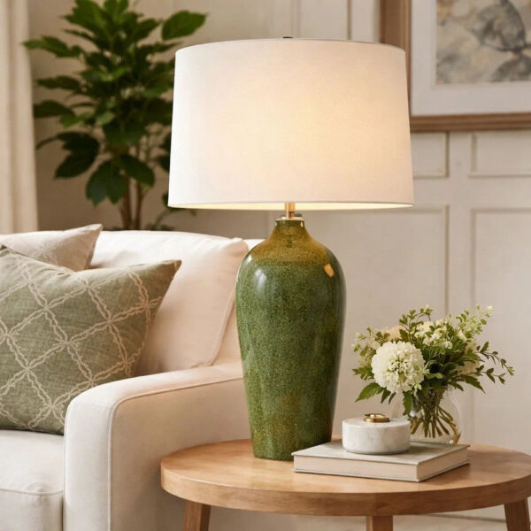 Table Lamp, Beige Linen Shade, Distressed Emerald Green Ceramic 28 Inch