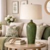Table Lamp, Beige Linen Shade, Distressed Emerald Green Ceramic 28 Inch