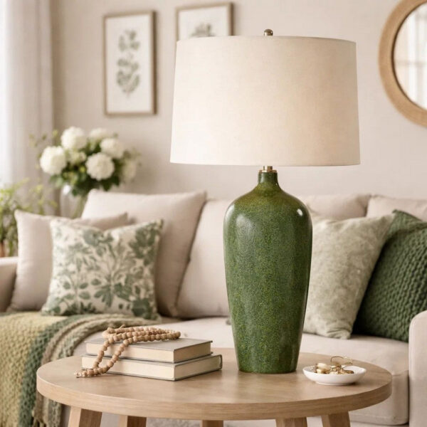Table Lamp, Beige Linen Shade, Distressed Emerald Green Ceramic 28 Inch