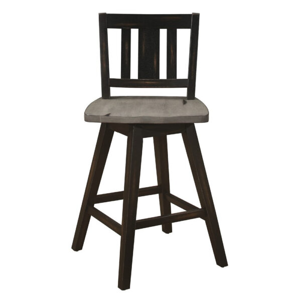 Ati Swivel Counter Height Chair Set of 2, Slatted Black Wood, Gray