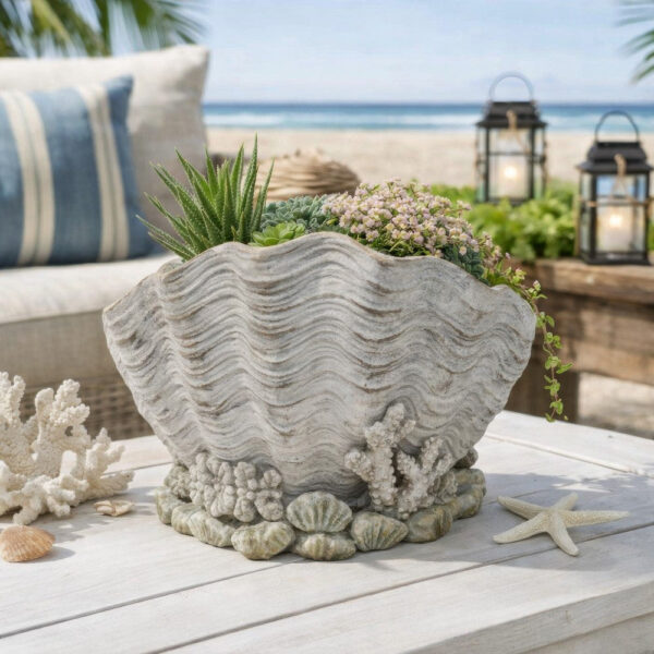 Coastal Clam Shell Planter w Coral Accents, Weathered Gray Terracotta