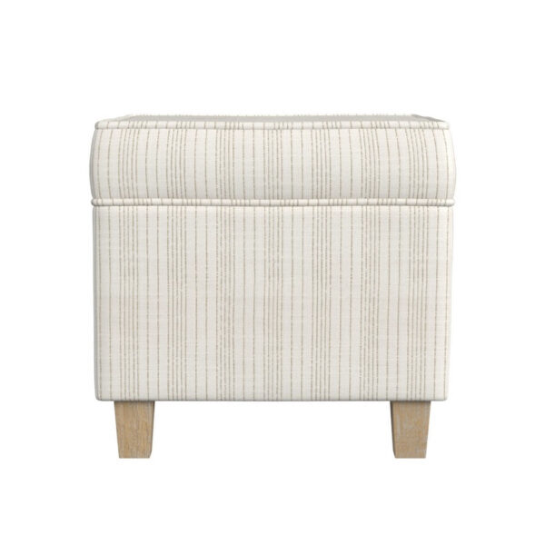 Pyp Square Storage Ottoman, 18 Inch Ivory Pinstripe Fabric, Brown Legs