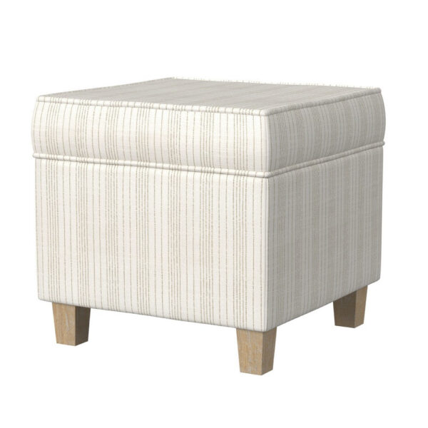 Pyp Square Storage Ottoman, 18 Inch Ivory Pinstripe Fabric, Brown Legs