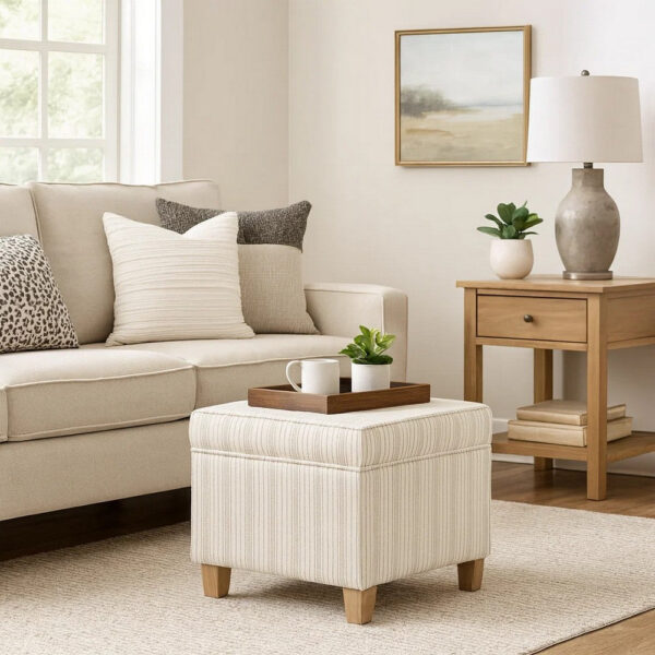 Pyp Square Storage Ottoman, 18 Inch Ivory Pinstripe Fabric, Brown Legs