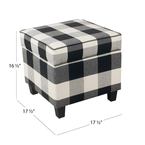 Pyp Square Storage Ottoman, 18 Inch Black Plaid Cotton, Ebony Legs