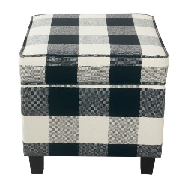 Pyp Square Storage Ottoman, 18 Inch Black Plaid Cotton, Ebony Legs