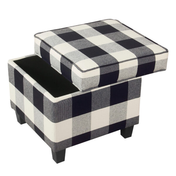 Pyp Square Storage Ottoman, 18 Inch Black Plaid Cotton, Ebony Legs