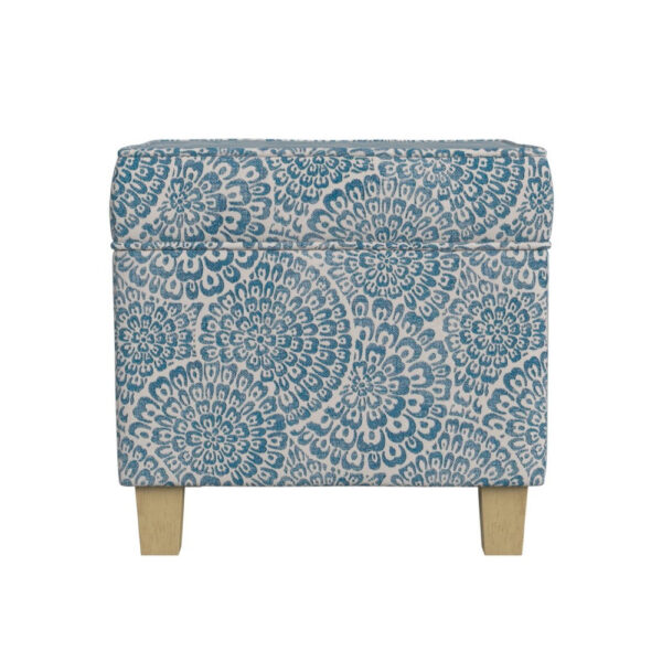 Pyp Square Storage Ottoman, 18 Inch Blue Ivory Floral Fabric, Brown
