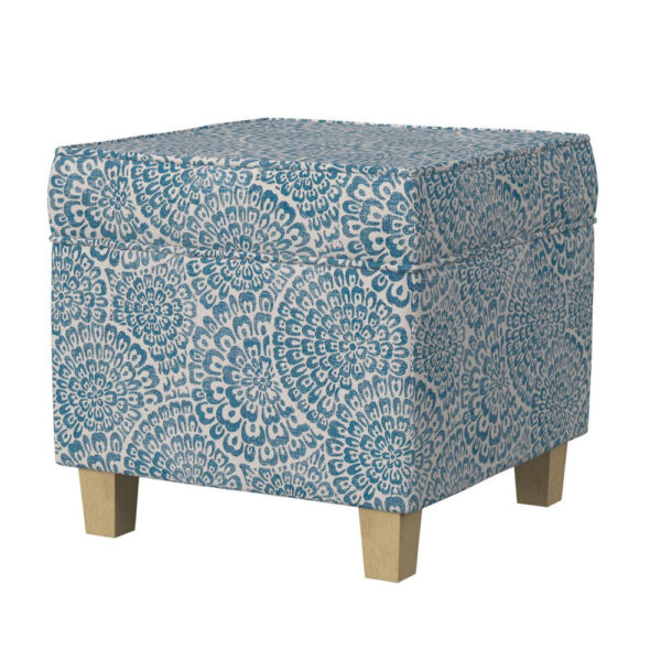 Pyp Square Storage Ottoman, 18 Inch Blue Ivory Floral Fabric, Brown