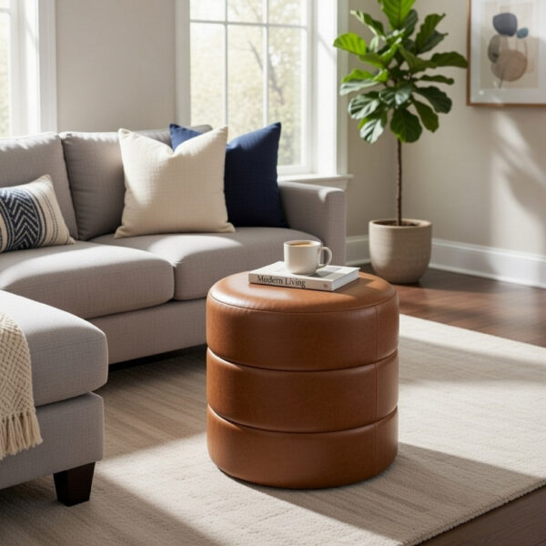 Sem Round Accent Ottoman, Brown Channel Tufted Faux Leather 18 Inch