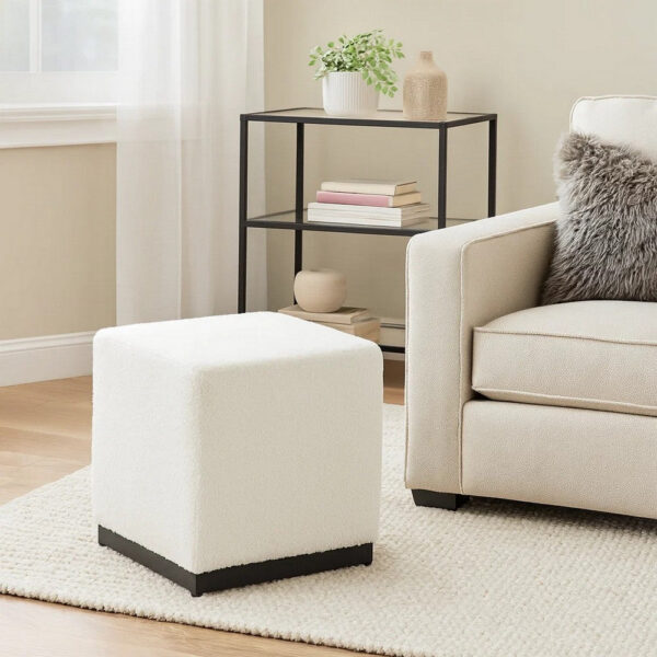 300620266a441eaef017e.jpeg Lev Accent Ottoman, Square Cube SIlhouette with White Boucle 16 Inch