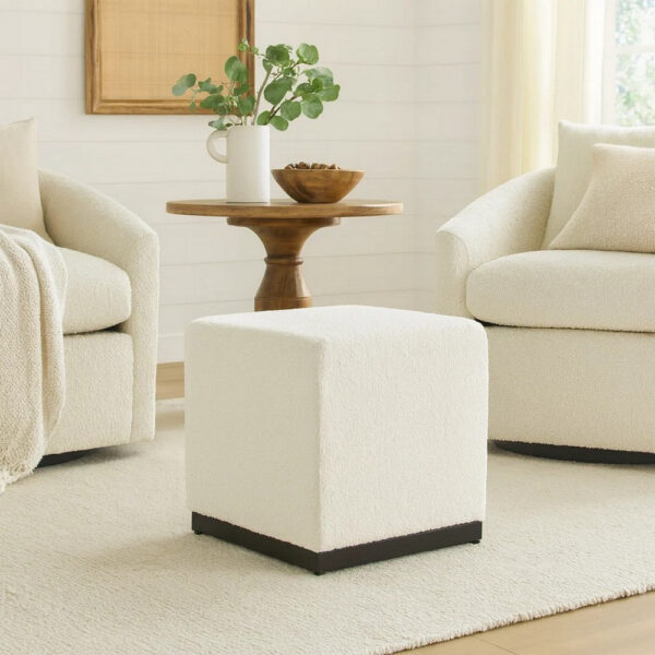300620266a441ebaaf06a.jpeg Lev Accent Ottoman, Square Cube SIlhouette with White Boucle 16 Inch