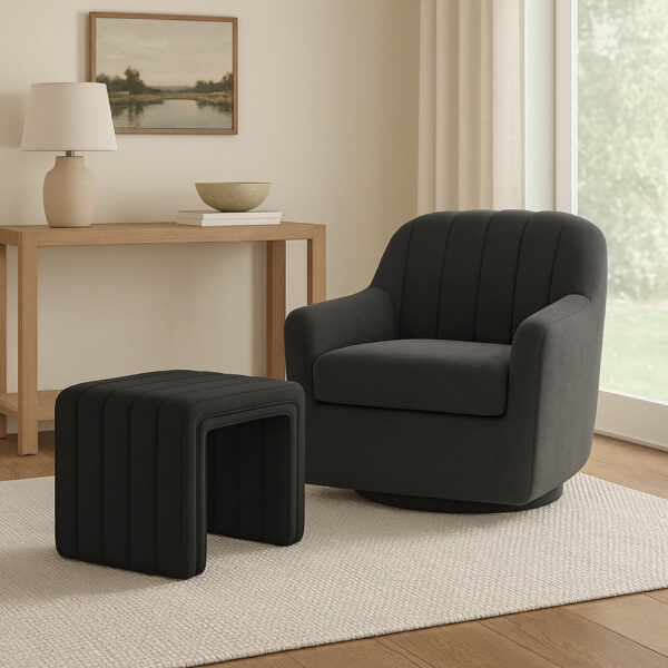 300620266a441f59bac31.jpeg Ada Footstool Ottoman, Channel Tufted Black Faux Leather, 19 Inch