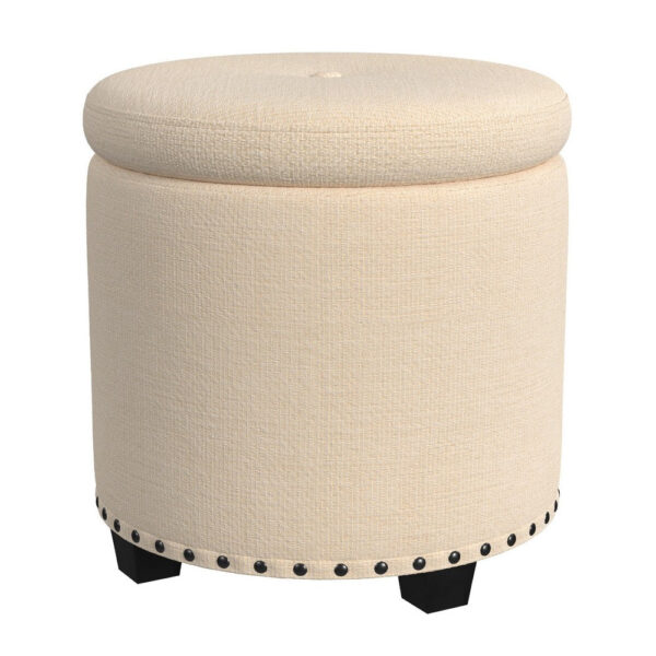 300620266a441fae7f79f.jpeg Zoya Storage Ottoman, 19 Inch Round Lift Top, Beige Woven Fabric