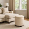 300620266a441fb398969.jpeg Zoya Storage Ottoman, 19 Inch Round Lift Top, Beige Woven Fabric