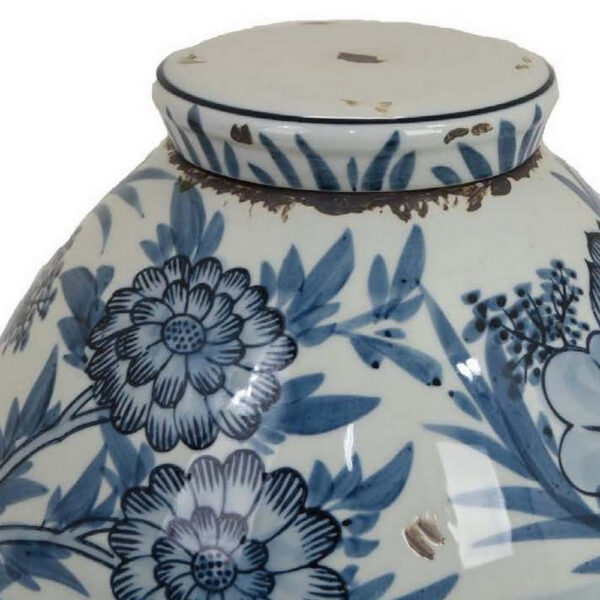 Accent Ginger Jar with Lid, Blue and White Ceramic, Floral Pattern