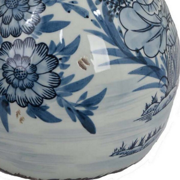 Accent Ginger Jar with Lid, Blue and White Ceramic, Floral Pattern