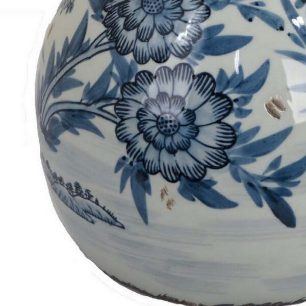 Accent Ginger Jar with Lid, Blue and White Ceramic, Floral Pattern