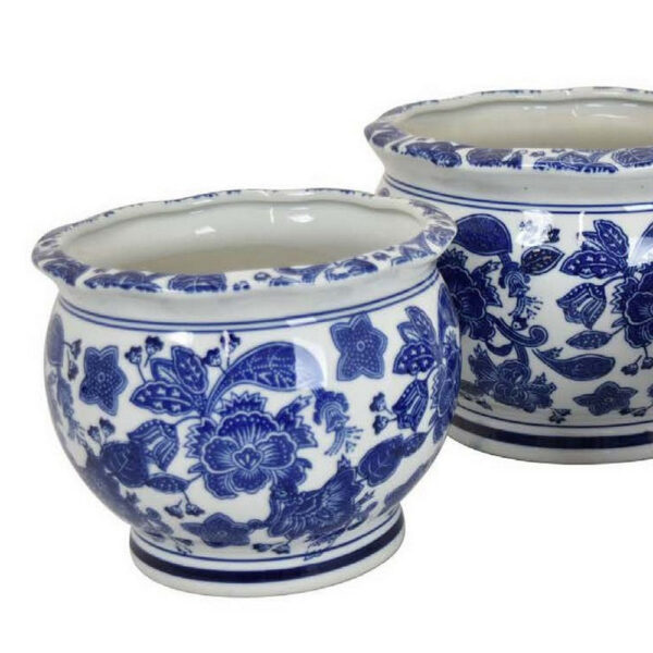 3pc Modern Planter, Japanese Inspired Art Design, Blue White Ceramic