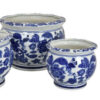 3pc Modern Planter, Japanese Inspired Art Design, Blue White Ceramic