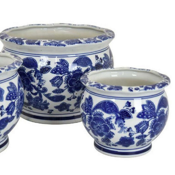 3pc Modern Planter, Japanese Inspired Art Design, Blue White Ceramic