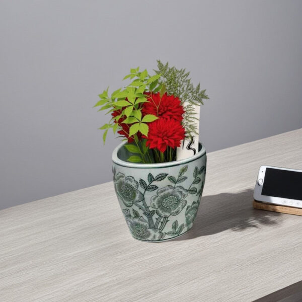 300620266a44205514950.jpeg Kerry Accent Planter Pot Set of 4, Green Floral Pattern, White Ceramic