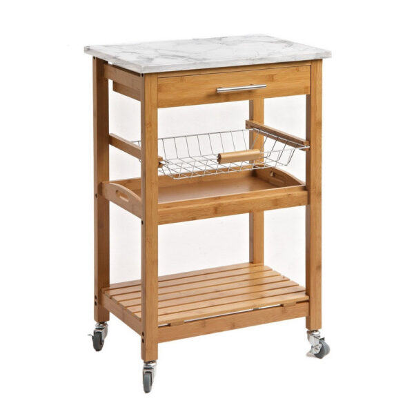 300620266a44207edeed0.jpeg Jude Rolling Kitchen Bar Cart, 2 Shelves, Faux Marble, Brown Bamboo
