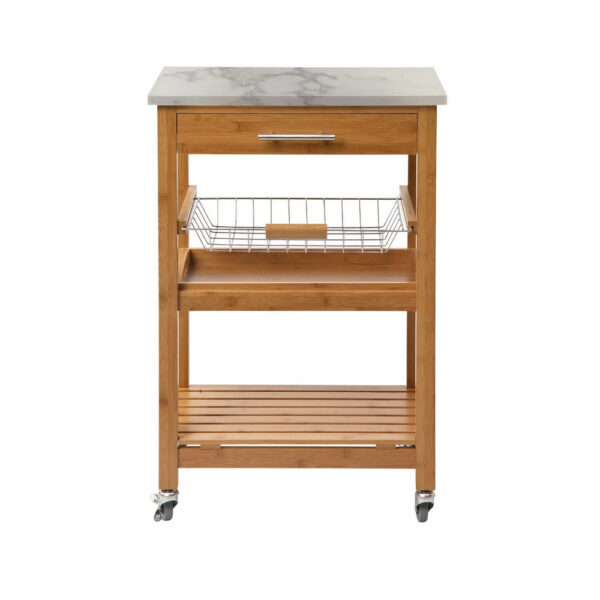 300620266a4420811796d.jpeg Jude Rolling Kitchen Bar Cart, 2 Shelves, Faux Marble, Brown Bamboo