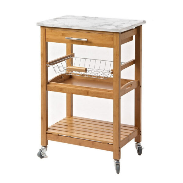 300620266a4420853e1ca.jpeg Jude Rolling Kitchen Bar Cart, 2 Shelves, Faux Marble, Brown Bamboo