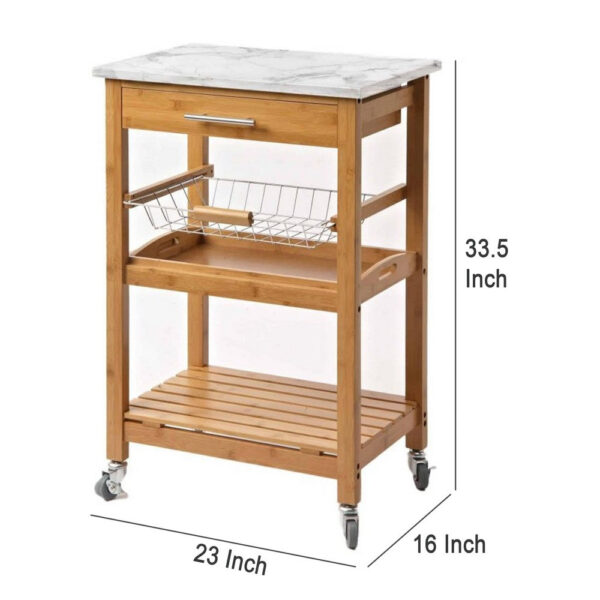 300620266a4420882ff2e.jpeg Jude Rolling Kitchen Bar Cart, 2 Shelves, Faux Marble, Brown Bamboo