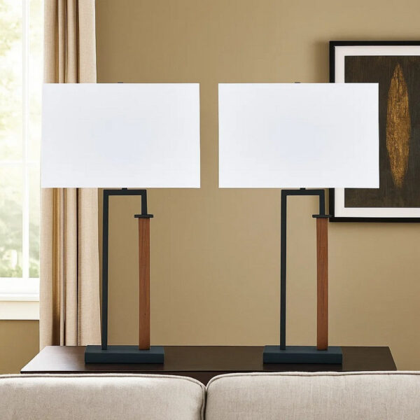 Table Lamp Set of 2, Curved Wired Bronze Base, White Fabric Shade