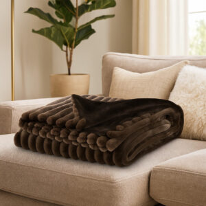 Faux Fur Throw Blanket, 61 Inch Plush Dark Brown Striped Polyester