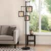 Lany 73 Inch Floor Lamp, 3 Hanging Lantern Style Shades, Black Iron