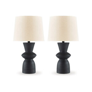 25 Inch Table Lamp Set of 2, Black Sculptural Solid Base, Drum Hardback