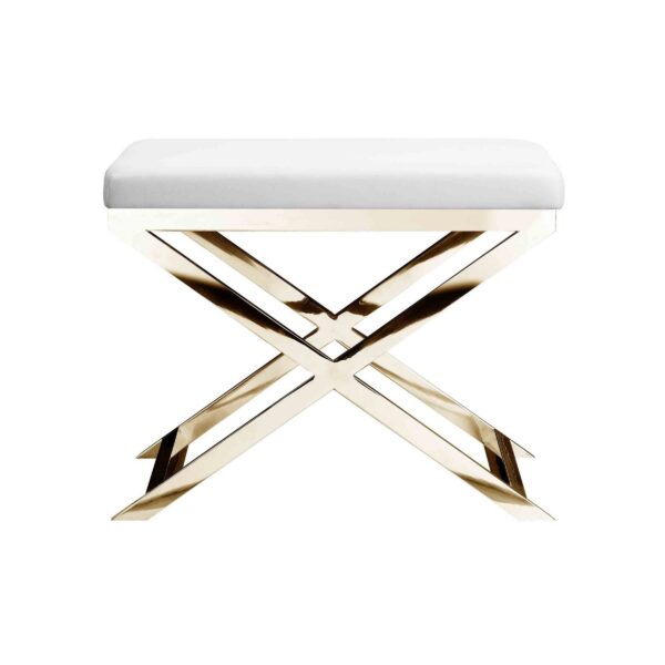 300620266a44235d5f34b.jpeg Sovi 20 Inch Ottoman Stool, White Faux Leather Seat, Stainless Steel Frame, Gold