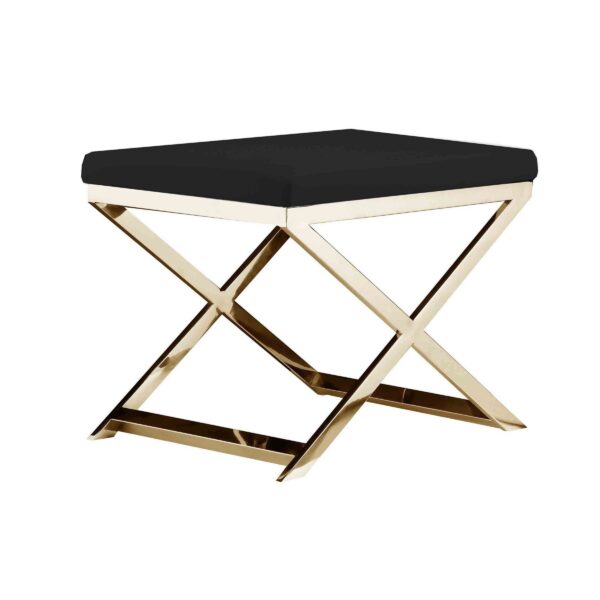 300620266a4423bc49b44.jpeg Sovi 20 Inch Ottoman Stool, Black Faux Leather, Stainless Steel Frame, Gold
