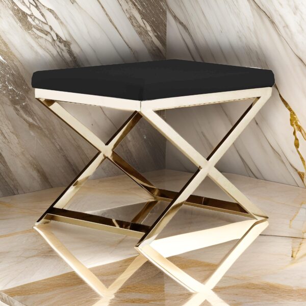 300620266a44242d820b3.jpeg Sovi 20 Inch Ottoman Stool, Black Faux Leather, Stainless Steel Frame, Gold