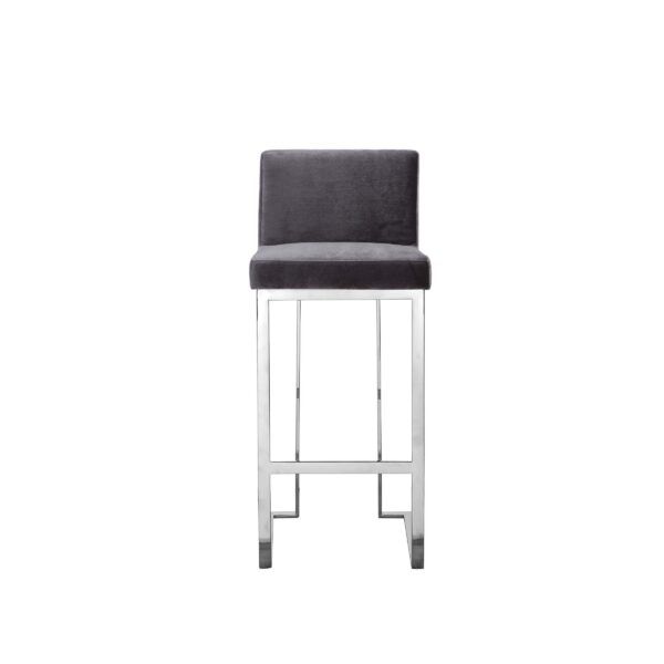 Boly 30 Inch Barstool Chair, Gray Velvet, Foam Cushions, Chrome Steel