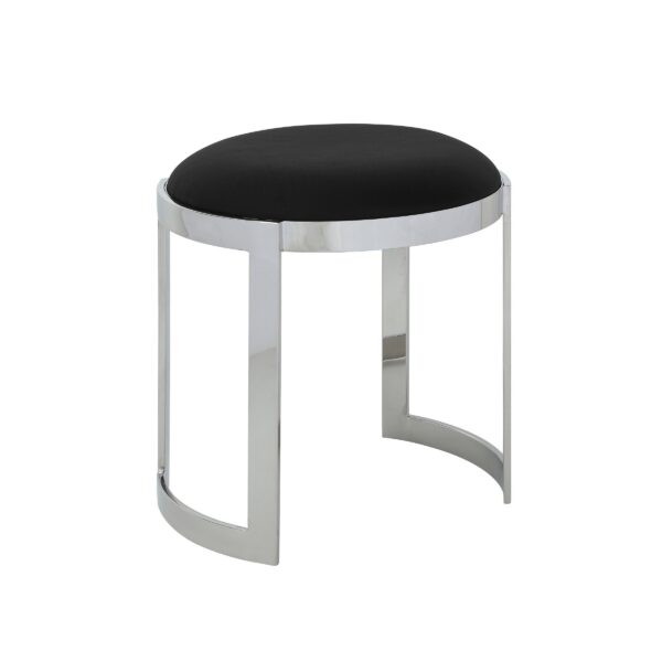 Niyo 19 Inch Accent Stool Ottoman Ottoman, Round Black Faux Leather, Silver