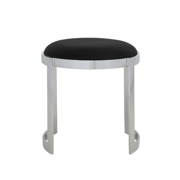 Niyo 19 Inch Accent Stool Ottoman Ottoman, Round Black Faux Leather, Silver