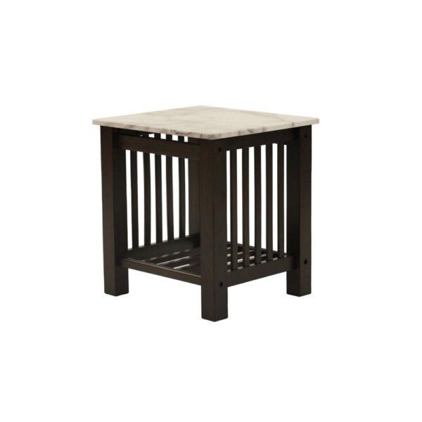 Moen 21 Inch Side End Table, White Faux Marble, Bottom Shelf, Black Wood