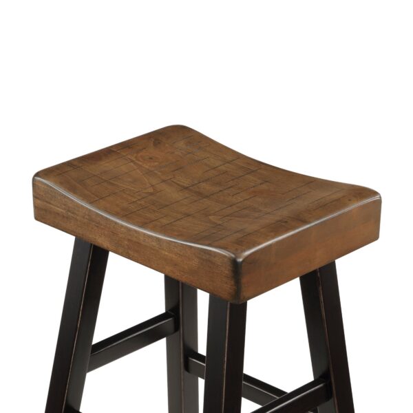 Casy 30 Inch Bar Height Stool, Brown Saddle Seat, Black Rubberwood, Set of 2