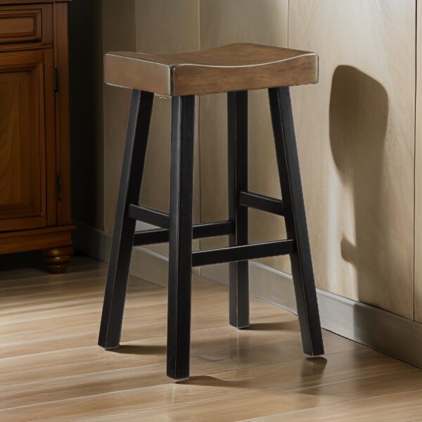 Casy 30 Inch Bar Height Stool, Brown Saddle Seat, Black Rubberwood, Set of 2